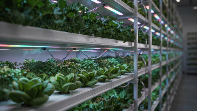Rows of green leafy vegetables growing in a vertical indoor hydroponic farm facility system