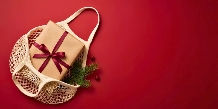 Wrapped Christmas gift in reusable mesh shopping bag on red background with fir branch and copy space, festive eco friendly holiday gift concept