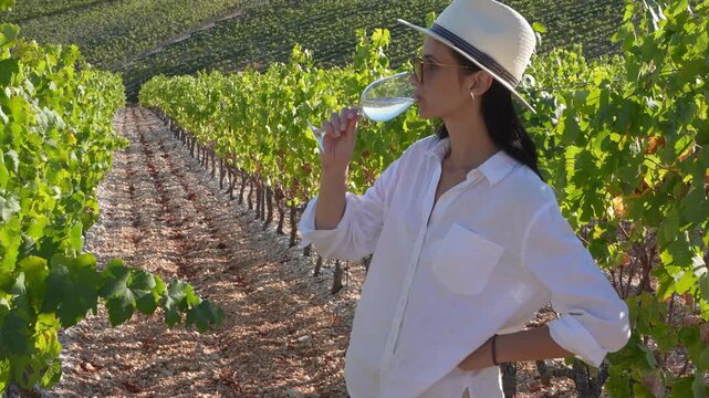 Female tourist drinking wine at winery