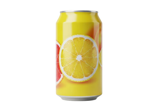Yellow aluminum can of refreshing citrus fruit soda isolated on transparent background