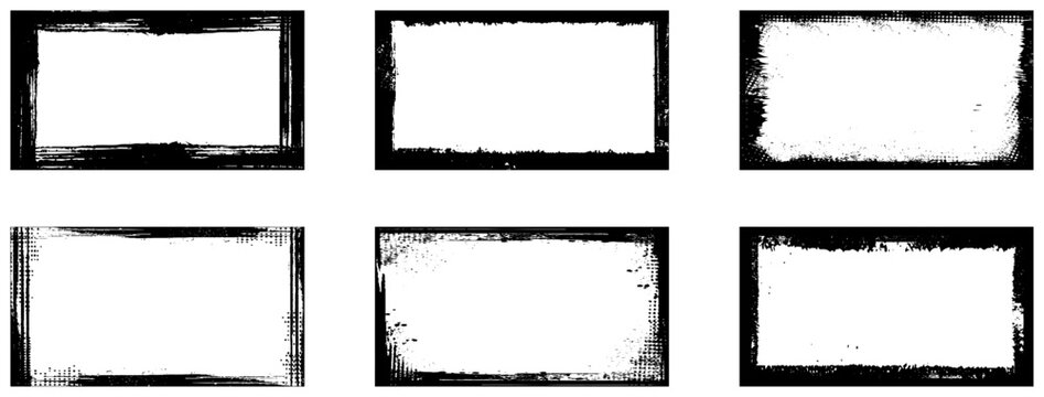 Collection of 6 black border vector design. Set of grunge frames. Black borders with distressed effect