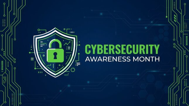 Cybersecurity awareness month banner with digital shield and circuit board