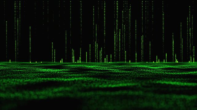 Digital data stream with green glowing falling matrix rain abstract technological background featuring code