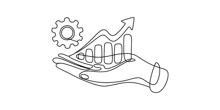 Continuous line drawing of a hand holding a growth chart and a gear cog icon