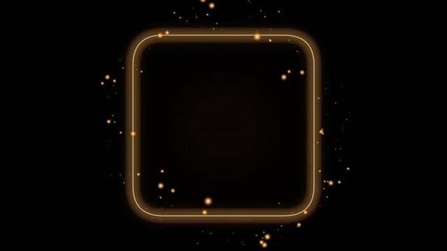 Golden square frame with sparkling particles slowly moving on black background motion graphics.