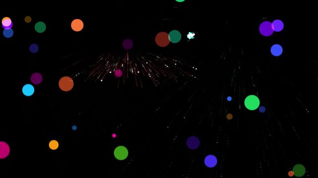 Colorful glowing bokeh circles and fireworks exploding in night sky festive celebration.