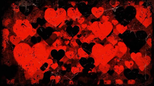 Contrast red and black hearts grunge motion background with shifting patterns