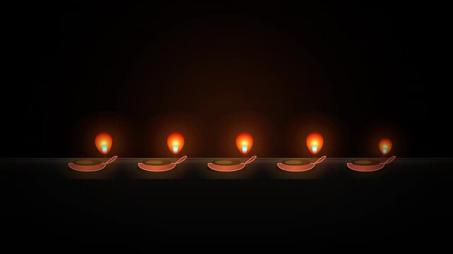 Row of lit oil lamps on dark background, diwali festival celebration concept, peaceful night illumination.