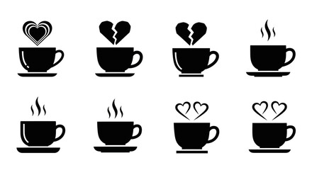 Fototapeta premium Set of eight coffee cups with heart steam broken heart and hot steam icons vector illustration cafe beverage symbols love concepts