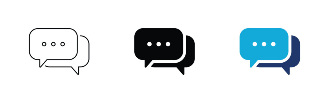 Vector icons of overlapping speech bubbles with ellipsis, symbolizing ongoing chat, typing, or pending message, in outline, solid black, and blue styles.