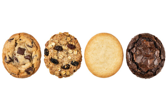 Four assorted baked cookies including chocolate chip, oatmeal raisin, plain sugar, and dark chocolate brownie isolated on a transparent background