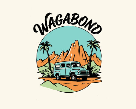 Vagabond vintage van illustration. Retro desert road trip design. Adventure travel badge with mountains and palm trees. Summer camping graphic.