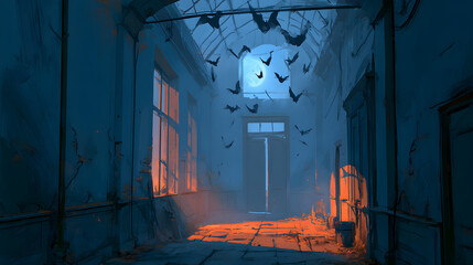 Fototapeta premium Halloween wallpaper, bats flying across a moonlit sky inside a dusty haunted hallway, playful spooky Halloween spirit, moody dark blue and orange palette, 