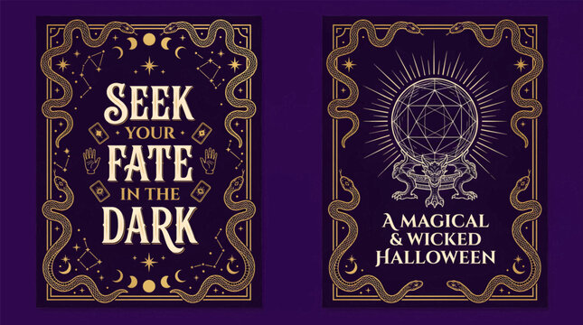 Mystical book covers featuring dark and magical halloween themes with celestial with vintage style book