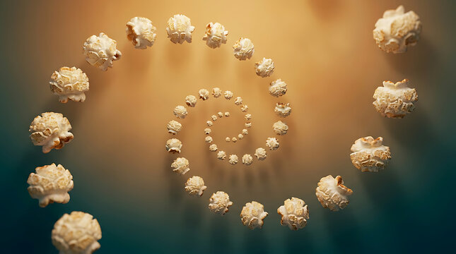 Popcorn kernels arranged in a golden spiral swirl pattern