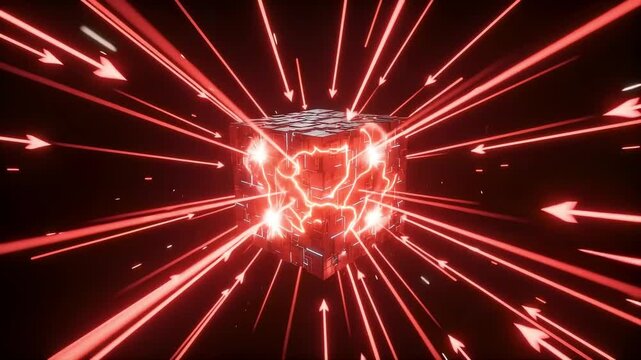 Abstract 3D central data cube bombarded by aggressive red laser beams from all directions representing a severe distributed denial of service ddos attack and network traffic overload