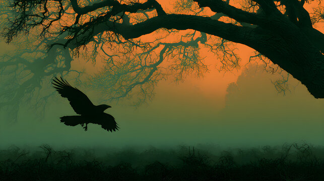 Halloween wallpaper, black crow flying over a haunted field under twisted bare branches, soft eerie green mist, orange and black color palette, gothic illustration style, dramatic shadow contrast