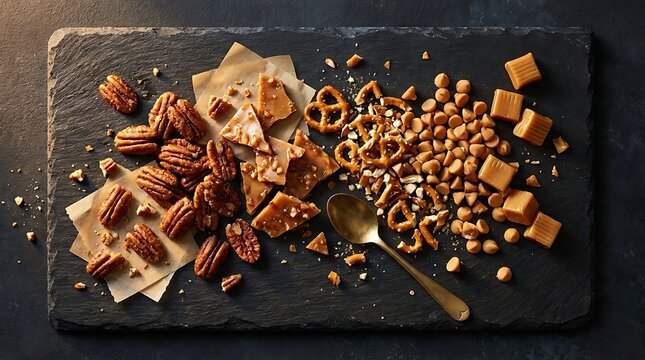 Milk chocolate bark with pecans and salty pretzels on a dark slate board for a sweet snack. homemade dessert mixins