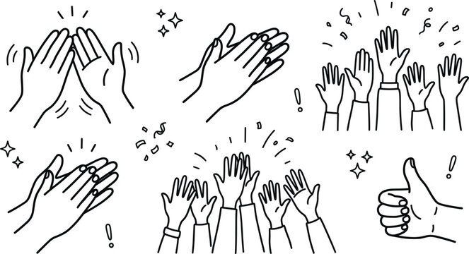 Clapping Hands and Crowd Applause Gesture Set with Confetti Sparks Thumbs Up