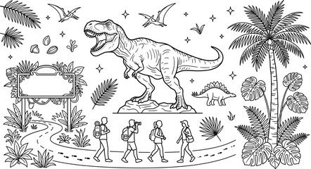 Dinosaur Park Adventure Vector Illustration Set with Tourists and Prehistoric Landscape Elements © Jakeya