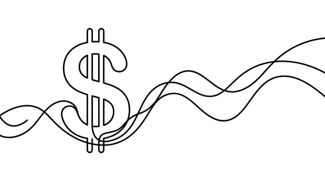 Minimalist dollar sign continuous line drawing, financial market volatility graph, black ink currency symbol on white background