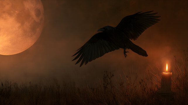Halloween wallpaper, black crow flying over a haunted field by a flickering candle glow, spooky moonlit glow, orange and black color palette, dark fantasy art style, rich moody textures