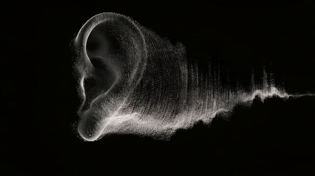 Abstract Black and White Illustration of an Ear Transformed into Sound Waves and Particles