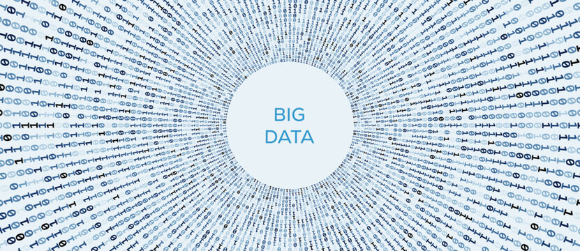 Big data binary code radiating from an empty circle with text, blue digits on light background, vector illustration technology concept.