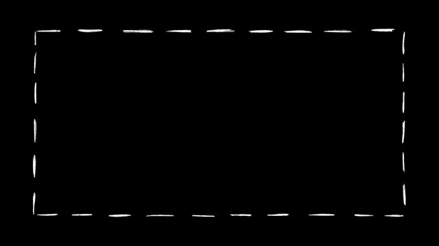 Animated seamless loop of white dashed line rectangular frame on black background. Sketchy dotted border animation for video overlays, photo frames, title cards, social media, and creative videos
