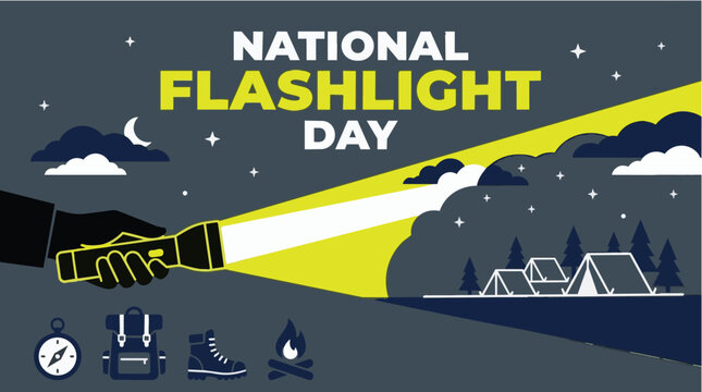 National Flashlight Day celebration graphic in flat vector design with dark night sky and yellow beam for holiday greeting