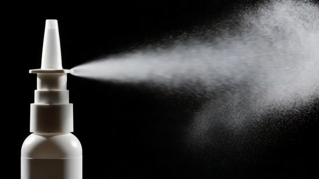 Nasal spray bottle spraying mist on black background