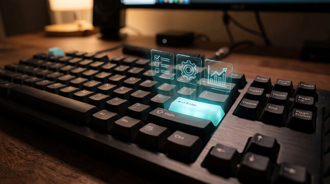 Computer keyboard photo with glowing digital icons and enter key highlighting technology and workflow automation software hardware office business futuristic interface glow typing work system concept