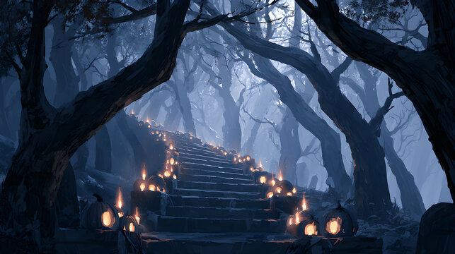 Halloween wallpaper, candlelit pumpkins lining a staircase beneath a canopy of dead trees, dark and haunting feel, midnight blue and silver palette, digital painting style, crisp sharp focus