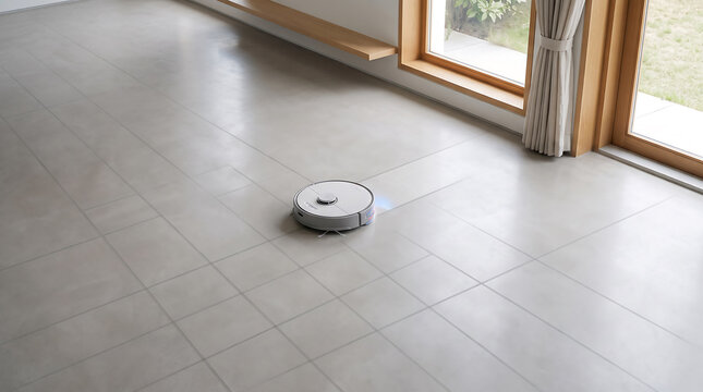 Robot vacuum cleaner cleaning modern tile floor living room interior smart home household appliance automated floor care high angle view