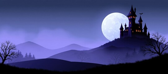 Obraz premium Haunted castle on hill under full moon with misty layered hills and barren trees