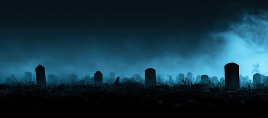 Obraz premium Haunted cemetery panorama with blank headstones and moonlit fog