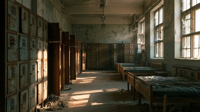 Abandoned Military Barracks Interior with Rusted Lockers and Sunlit Dusty Room Atmosphere