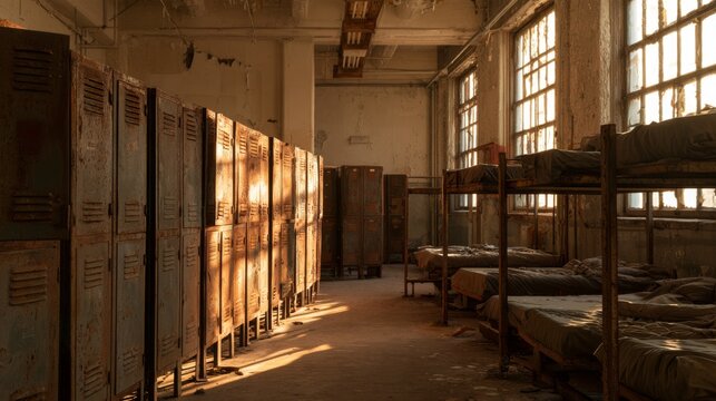 Abandoned Barracks Room with Rows of Rusted Metal Lockers and Empty Beds Bathed in Natural Light