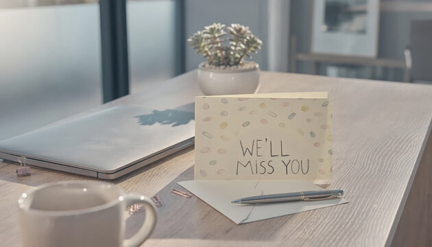 A farewell note on a desk with a pen and laptop.