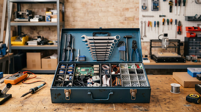 Toolbox open on workbench with electronic components, microcontrollers, wrenches, and soldering iron in workshop tools electronics microcontroller hardware repair wrench hobby equipment engineering