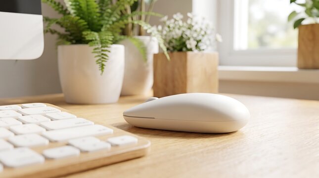 Minimalist white computer mouse resting on polished wooden office desk beside indoor potted green plants and white mechanical keyboard setup workspace.