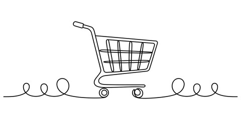 Continuous line drawing of shopping cart, ideal for e-commerce, retail, and consumerism related graphic designs. © Radha