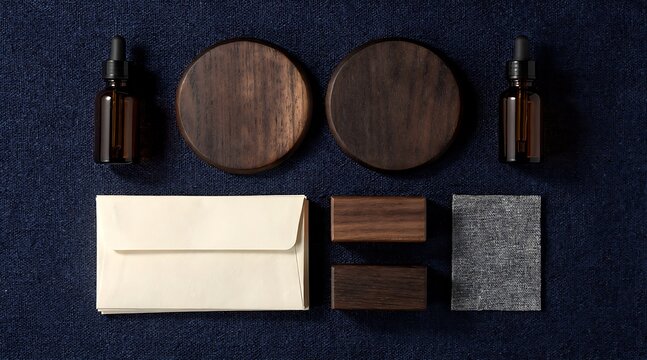 Luxury Men's Grooming and Skincare Branding Mockup Featuring Amber Glass Dropper Bottles, Dark Walnut Wood Coasters, and Cream Envelope on Textured Navy Blue Background for Minimalist Product Design