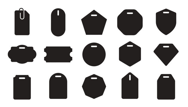 Fifteen black silhouettes of various label shapes with small notches are displayed on a white background labels tags graphic