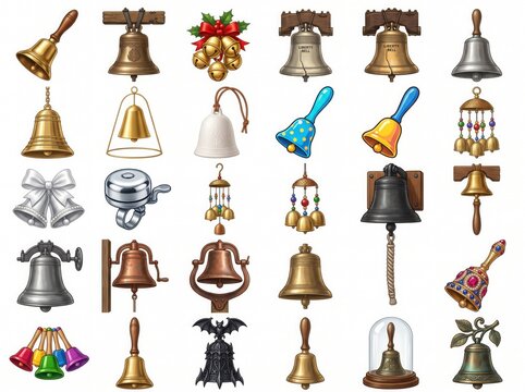 Collection of various vintage and modern bells isolated on a white background for design and decoration