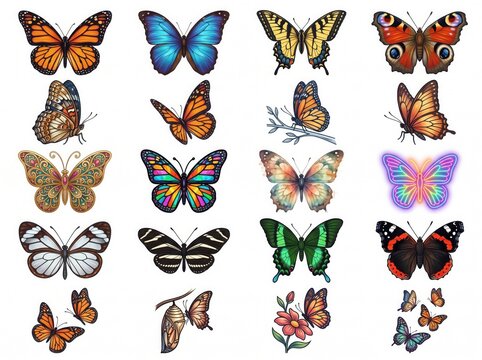 Collection of colorful butterflies and moths isolated on a white background for design and decoration