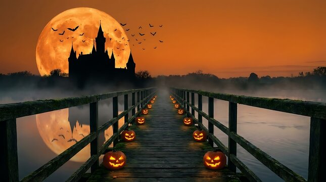 Spooky halloween wooden bridge lined with glowing carved jack o lanterns leading to a dark castle silhouette under a giant orange moon in evening sky