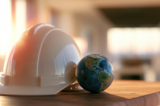 Earth globe with protective hard hat symbol illustrating global safety and health at work