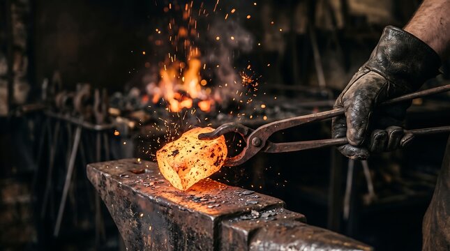 Blacksmith shaping glowing hot metal piece with tongs in forge workshop