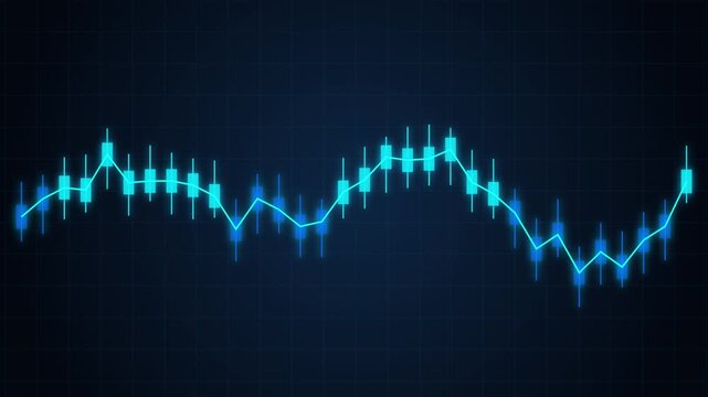 Stock market candlestick chart with glowing blue line graph moving on dark grid background for financial data analysis.